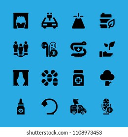 van, medicine, group, pharmacy, volcano, eye drops, fuel, curtains and tree vector icon. Simple icons set