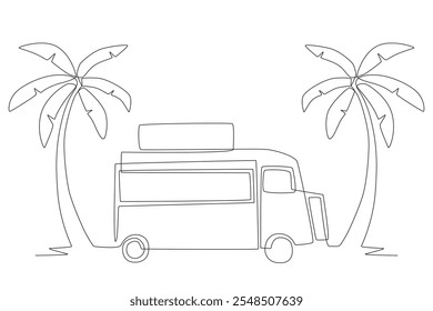 Van in the middle of palm trees. Palm tree concept one-line drawing