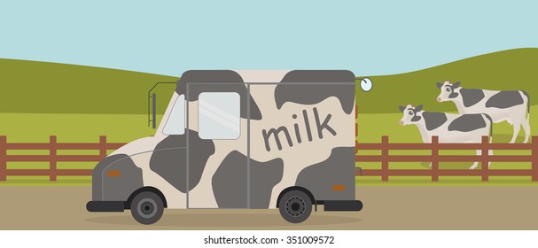 Van with milk on background of the rural landscape with grazing cows