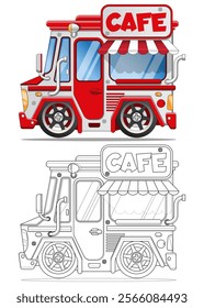 Van with a mobile cafe. Side view. Coloring. Isolated on white background. Vector illustration. illustration.