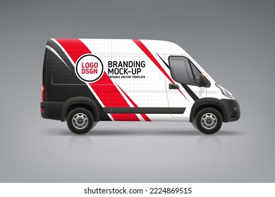 Van mockup with wrap branding design. Abstract red stripes graphics on corporate vehicle. Wrap, sticker and decal design for company. Branding on transport. Editable vector