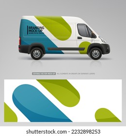 Van mockup with wrap branding design. Wrap, sticker and decal design for company. Abstract graphics on corporate vehicle. Editable vector