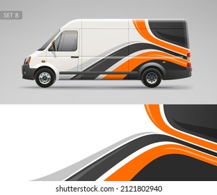 Van mockup and wrap decal for company branding design and corporate identity company. Abstract graphics of black and orange stripes Wrap decal design for services van and racing car
