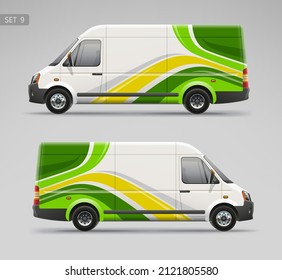 Van mockup and wrap decal for company branding design and corporate identity. Abstract graphics of green stripes Wrap, sticker and decal design for advertising on services van and race car