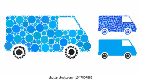 Van mosaic of filled circles in various sizes and color tints, based on van icon. Vector filled circles are composed into blue mosaic. Dotted van icon in usual and blue versions.
