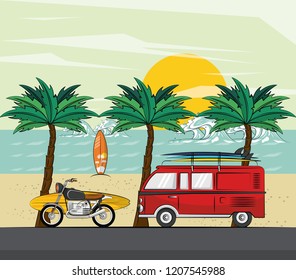 van motorcycle and surf in the beach