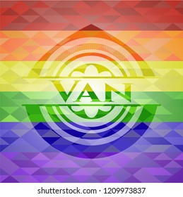 Van on mosaic background with the colors of the LGBT flag