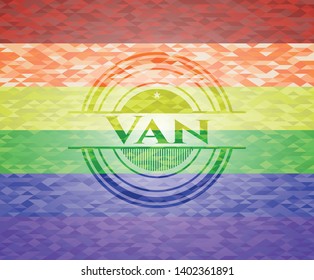 Van on mosaic background with the colors of the LGBT flag