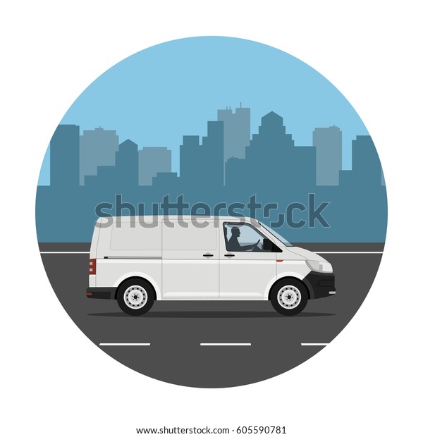 Van on the road over city background.
Vector illustration. Flat design, without
gradients