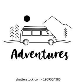 Van on the roan in the mountains. Adventures, trip, in the wild. Vector line drawing clear illustration. Isolated, linear, black and white. Foreat, mount, sun. Travel life.