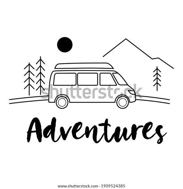 Van on the roan in the\
mountains. Adventures, trip, in the wild. Vector line drawing clear\
illustration. Isolated, linear, black and white. Foreat, mount,\
sun. Travel life.