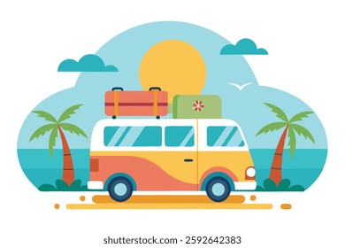 Van on Travel with Luggage - Beach Background Vector Illustration