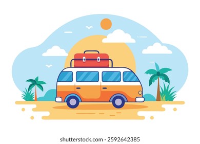 Van on Travel with Luggage - Beach Background Vector Illustration