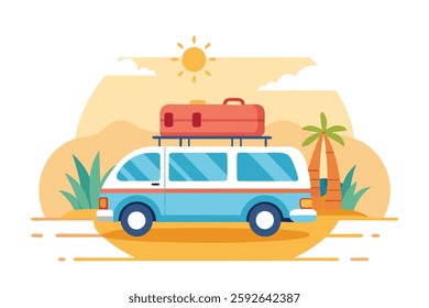Van on Travel with Luggage - Beach Background Vector Illustration