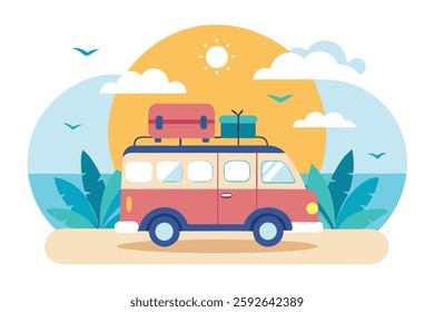 Van on Travel with Luggage - Beach Background Vector Illustration