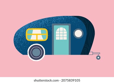 Van auf Rädern. Campingkarte, grafisches Element für Website. Reisen und touristische Ausrüstung. Abenteuersport, Outdoor-Erholung, Natur, frische Luft, Tierwelt. Cartoon-Flavektor-Vektorgrafik