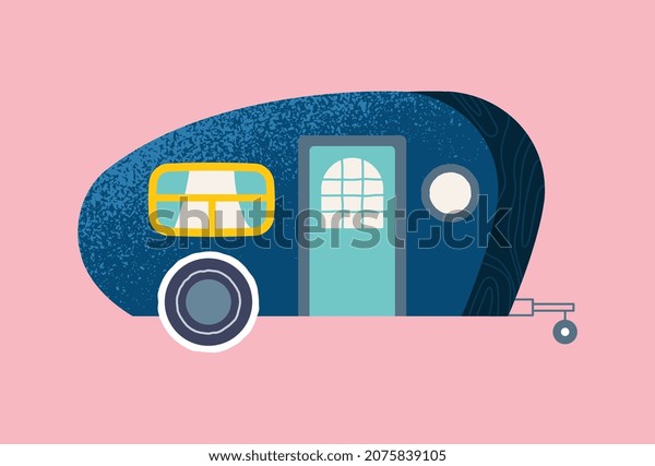 Van\
on wheels. Camping card, graphic element for website. Travel and\
tourism equipment. Adventure transport, outdoor recreation, nature,\
fresh air, wildlife. Cartoon flat vector\
illustration
