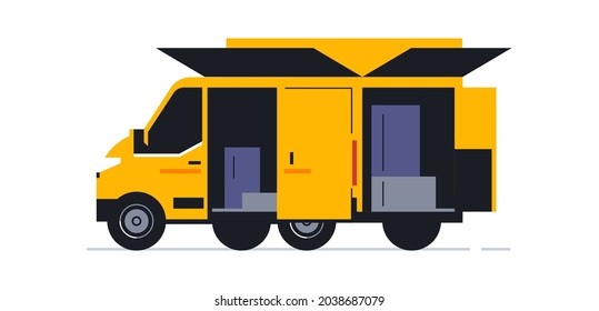 A van for an online home delivery service. Transport for delivery of orders. Van rear view. Transport with open doors and parcels inside, a body in the form of an open parcel. Vector illustration.