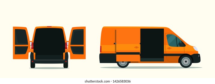 Сargo van with open cargo door. Сargo van with side view and back view. Vector flat style illustration.