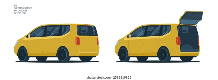 Van with open trunk. Set of two images. 3\4 view from the rear. Vector illustration.