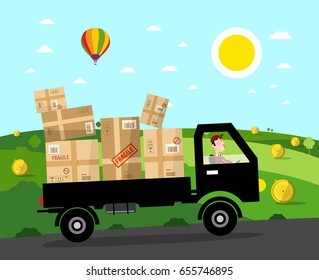 Van with Parcels on Rural Road. Vector Landscape. Natural Scene.