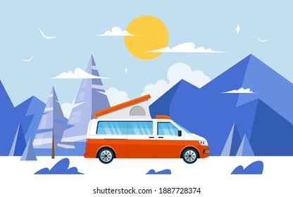 The van is parked during the day in a beautiful place under the sun and mountains. Camper van travel concept for young and independent people who love outdoor activities and love to travel