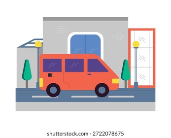 Una camioneta está estacionada a un lado de la carretera, utilizada para entregar mercancías. Diseño de personajes. Ilustración plana de Vector.