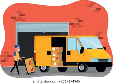 Van parked in a warehouse being loaded with boxes by a worker with a forklift - utility vehicle.