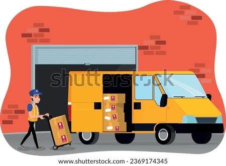 Van parked in a warehouse being loaded with boxes by a worker with a forklift - utility vehicle.