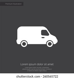 van premium illustration icon, isolated, white on dark background, with text elements 