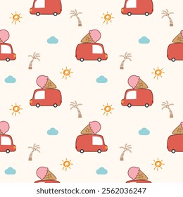 Van red cartoon so cute. On ice cream tree sun cloud background. Pattern seamless vector illustration. 