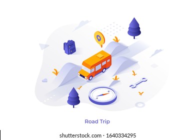Van riding along highway among hills, compass, backpack, wrench. Concept of adventure travel, automobile tourism, road trip or car touristic journey. Modern colorful isometric vector illustration.