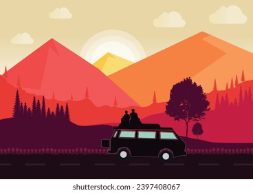 Van road trip in mountain landscape vector illustration