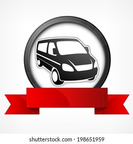 Van in round with ribbon on white, design element, vector illustration