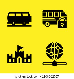 van, sand castle, internet and bus vector icon set. Sample icons set for web and graphic design