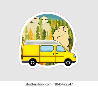 Van with sandstone formation and forest in the background. Van life badge, illustration. 