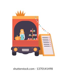 Van Shop with Fast Food, Drinks and Female Seller, Food Transport for Street Market Festival Vector Illustration