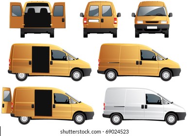 The van from the  side, front and back views with open and closed doors in vector. It is suitable for branding too.