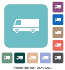 Van side view white flat icons on color rounded square backgrounds
