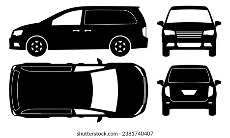 Van silhouette on a white background. Vehicle icons set view from the side, front, back, and top