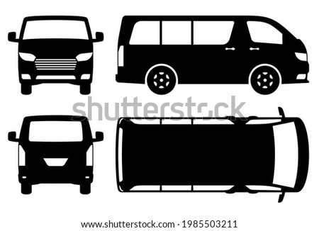 Van silhouette on white background. Vehicle icons set view from side, front, back, and top