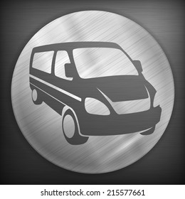 Van silhouette in round on metallic background, design element, vector illustration