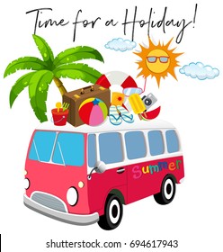 Van con elemento de verano y tiempo de frase para la ilustración de vacaciones