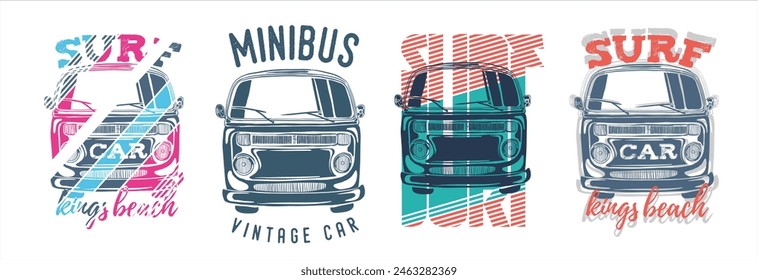 Van Surf California typography, summer vibes hand draw t-shirt graphics for t-shirt print with surf, beach and retro bus. Vintage car poster vector Illustration