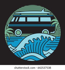 Van surf illustration, tee shirt graphics, vectors, typography