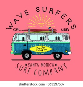 Van Surf Illustration, t-shirt graphics, vectors, typography.