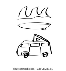 mano de la ola de surf de van dibujada en fondo blanco