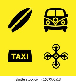van, surfboard, drone and taxi vector icon set. Sample icons set for web and graphic design