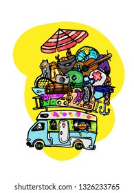 Van with surfboard on top of the roof on yellow background Vector