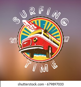 A van with surfing board for t-shirts, posters, postcards, illustration
